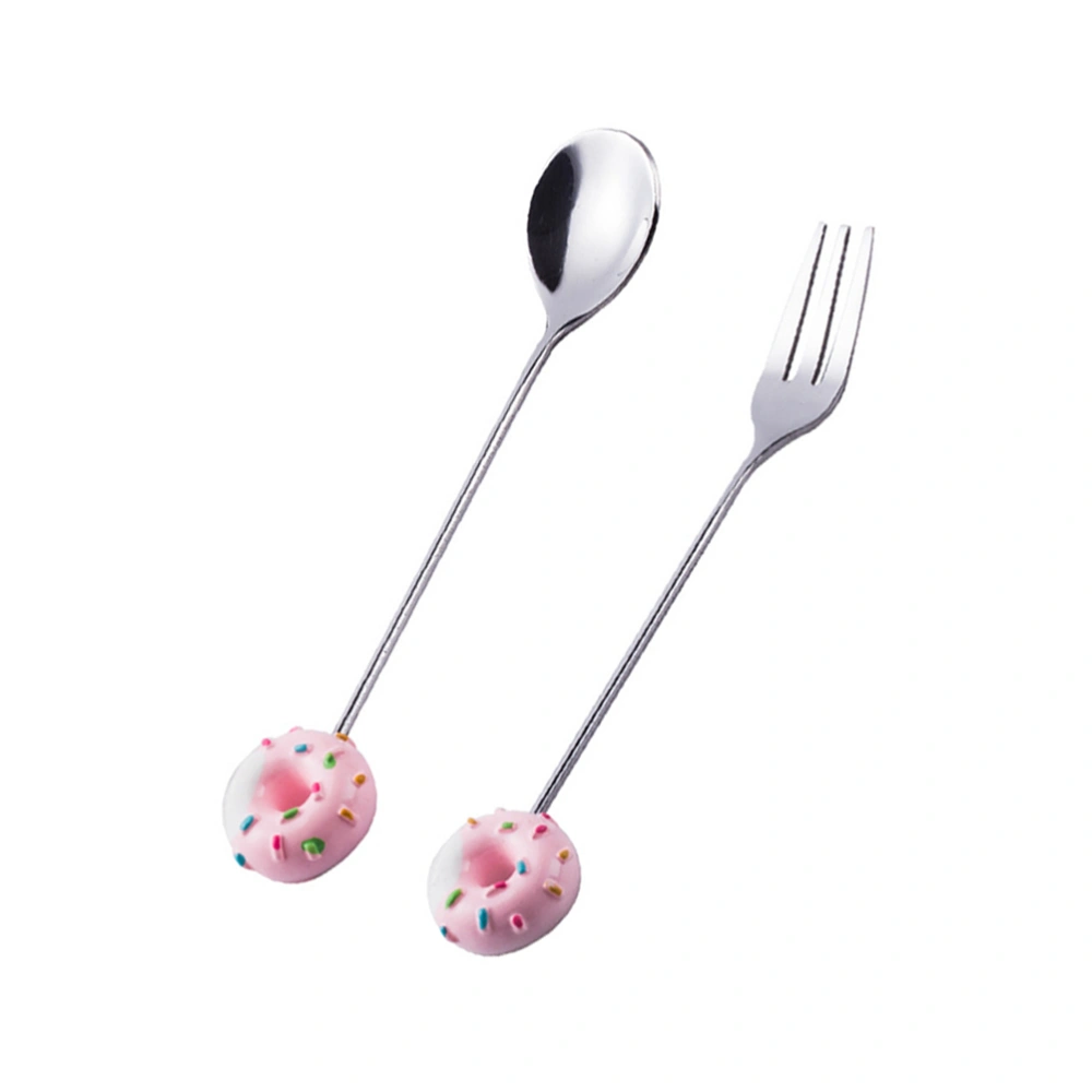 2 Pcs Children Stainless Steel Cartoon Cutlery Donut Shaped Handle Spoon Long Handle Forks for Coffee Dessert (Pink)