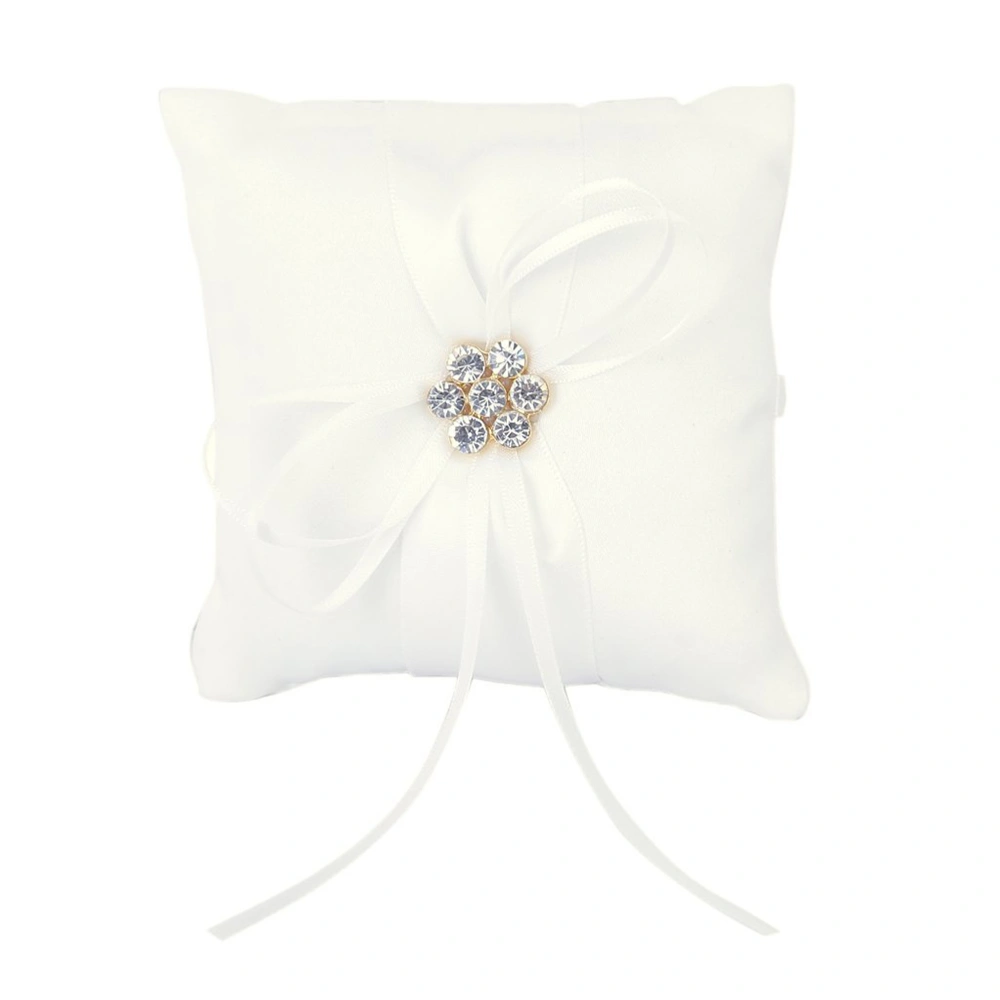 10*10cm Rhinstone Decor Bridal Wedding Ceremony Pocket Ring Bearer Pillow Cushion with Satin Ribbons (White)