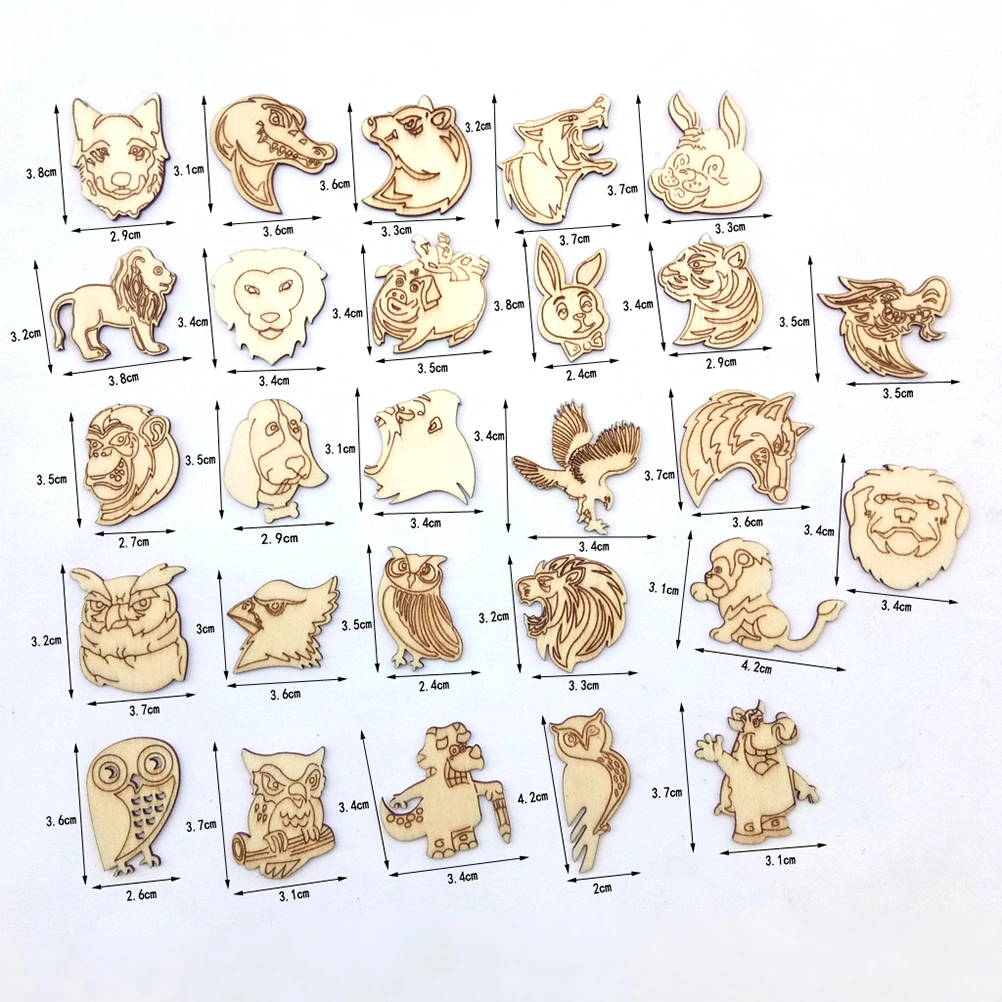 50pcs Natural Wooden Animal Pattern Crafts DIY Home Decor Wood Slices Embellishments Handicraft Scrapbooking Arts Accessory
