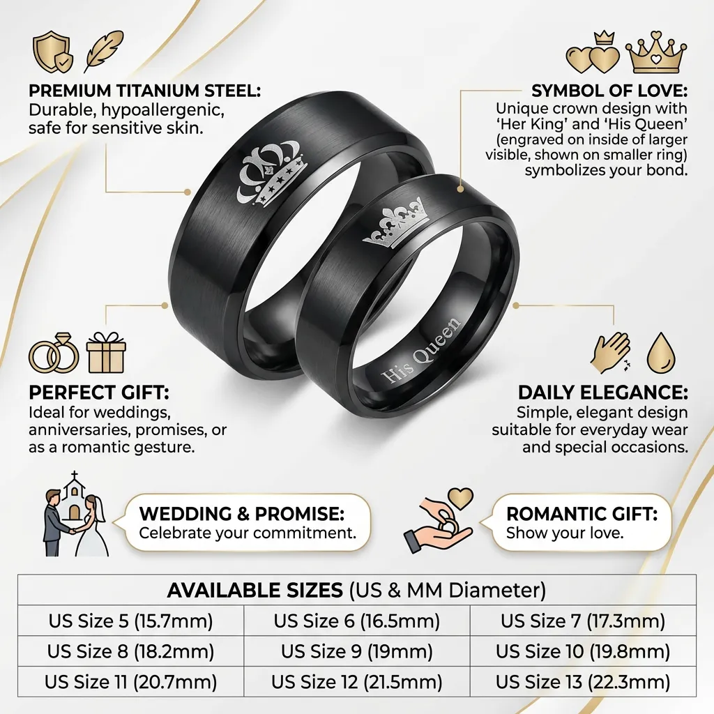 Couples Ring Titanium Steel Crown Stainless Steel Lover Rings Finger Ring for Wedding Promise Jewelry Size 6 (His Queen)
