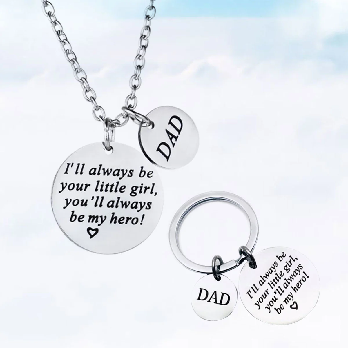 Father Daughter Keychain and Daddys Girl Necklace Set Stainless Steel Pendant Chain Jewelry Daddy Gifts for Father's Day Gift (with Carved English Word "I'll Aways be Your Little Girl, You'll Aways be My Hero!" 30mm Round Pattern)
