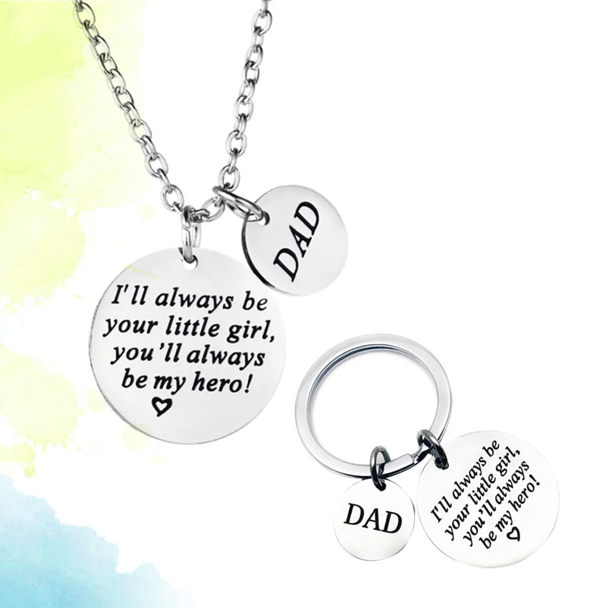 Father Daughter Keychain and Daddys Girl Necklace Set Stainless Steel Pendant Chain Jewelry Daddy Gifts for Father's Day Gift (with Carved English Word "I'll Aways be Your Little Girl, You'll Aways be My Hero!" 30mm Round Pattern)