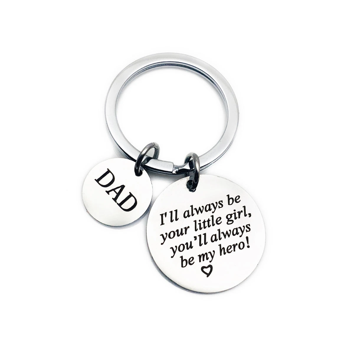 Father Daughter Keychain and Daddys Girl Necklace Set Stainless Steel Pendant Chain Jewelry Daddy Gifts for Father's Day Gift (with Carved English Word "I'll Aways be Your Little Girl, You'll Aways be My Hero!" 30mm Round Pattern)