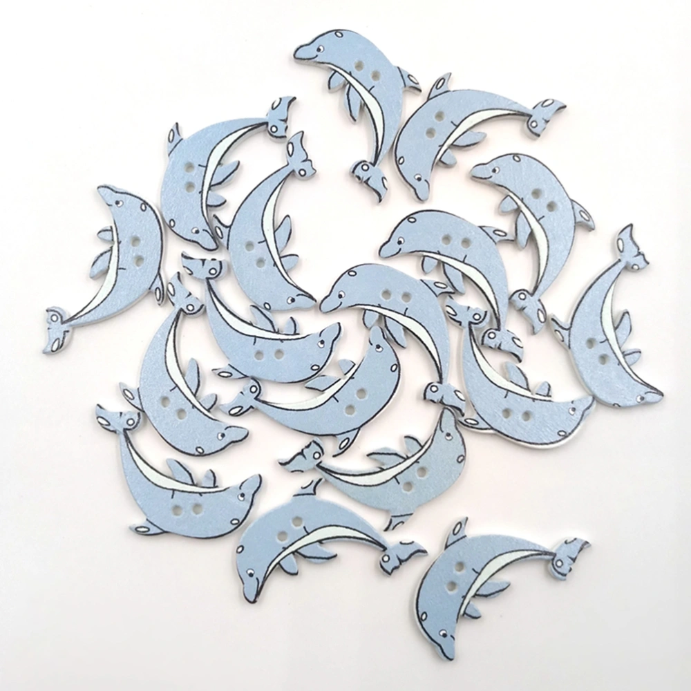 50 Pcs DIY Wooden Buttons Cartoon Dolphin Printing Pattern Two Holes Fine-edged Buttons for Sewing Scrapbooking Hand-painted Shoes and Hats (Sky-blue)