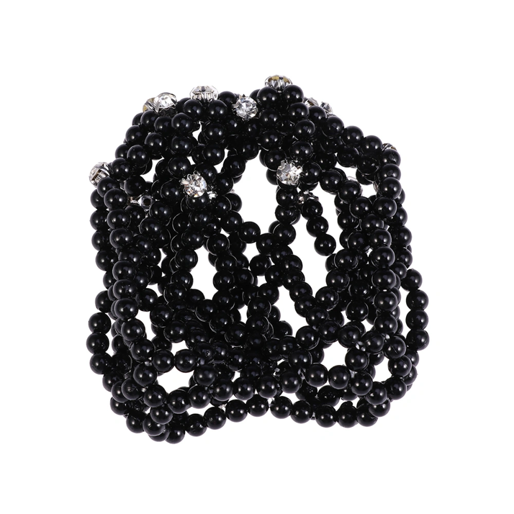 Elastic Hair Snood Net Handmade Crochet Pearl Hairnet Heardress for Dance Performance (Black)