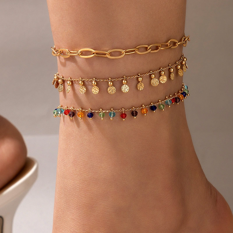 Geometric Wafer Bead Tassel Multi-layer Anklet