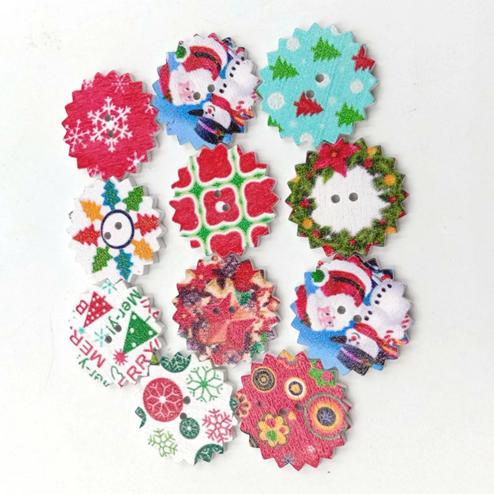 50PCS 25MM Wooden Buttons Colorful Environmental White Gear Shape Christmas Style Printed DIY Press Studs Snaps (Assorted Color)