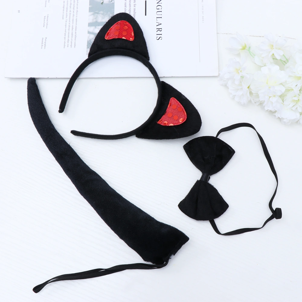 3pcs in 1 Set Black with Red Sequin Hairwear Funny Cat Ear Costume Accessary Party Supplies Sequin Animal Headband Tail Tie Performance Masquerade Party Supplies