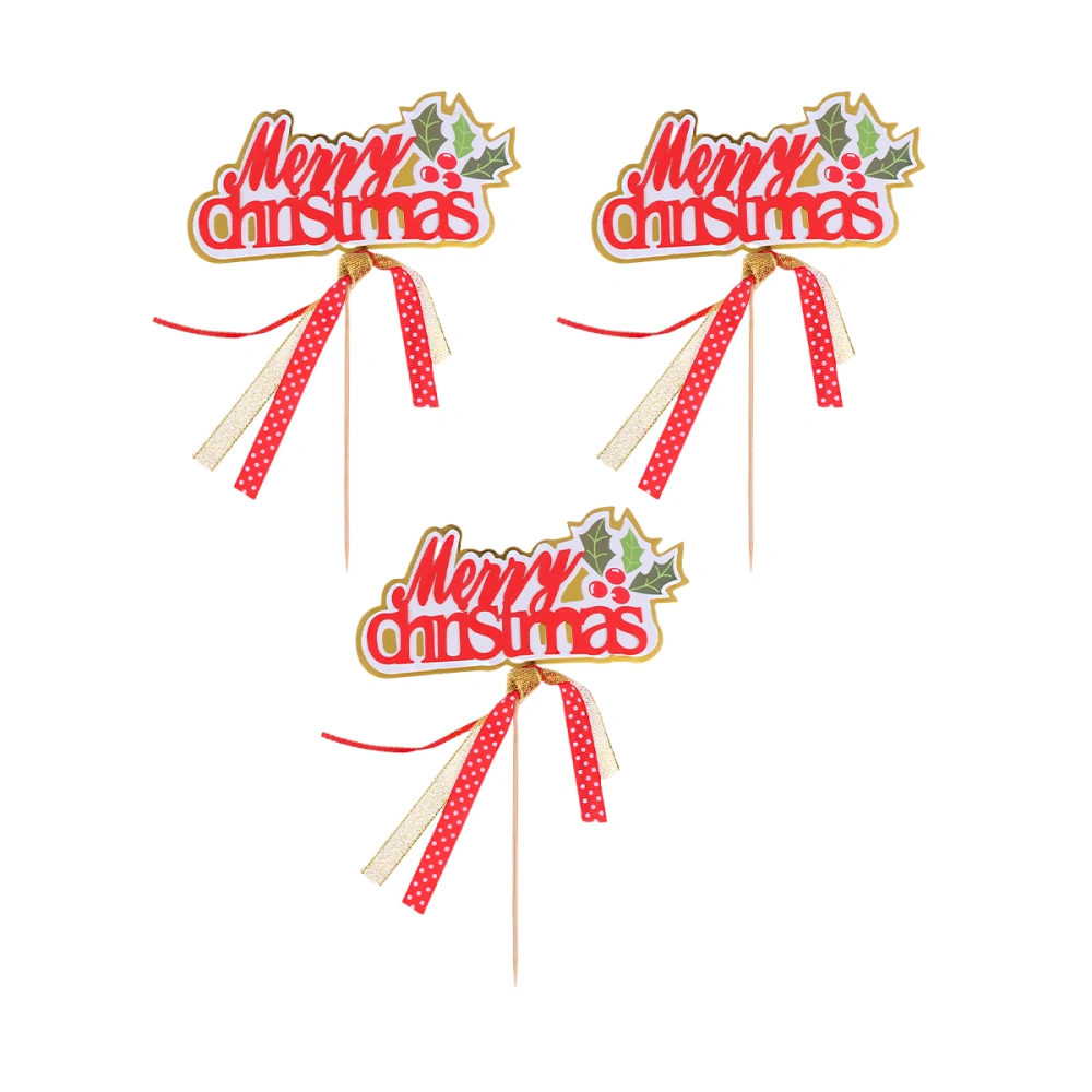 3pcs Merry Christmas Letters Cake Toppers with Ribbon Xmas Cake Picks Cupcake Decor Party Supplies (Fruits with Leaves)