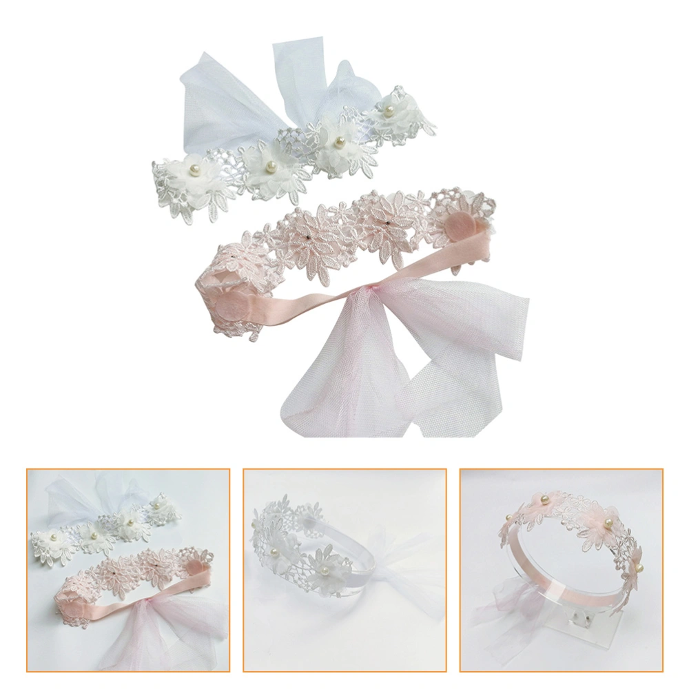 2Pcs Headwraps Light Flower Infant Girl Lace Pearl Headbands Birthday Headwear