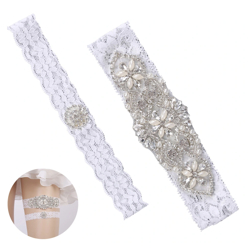 2PCS Wedding Bride Garter for Bridal Rhinestones Garter Belt Set Foot Decor (White)