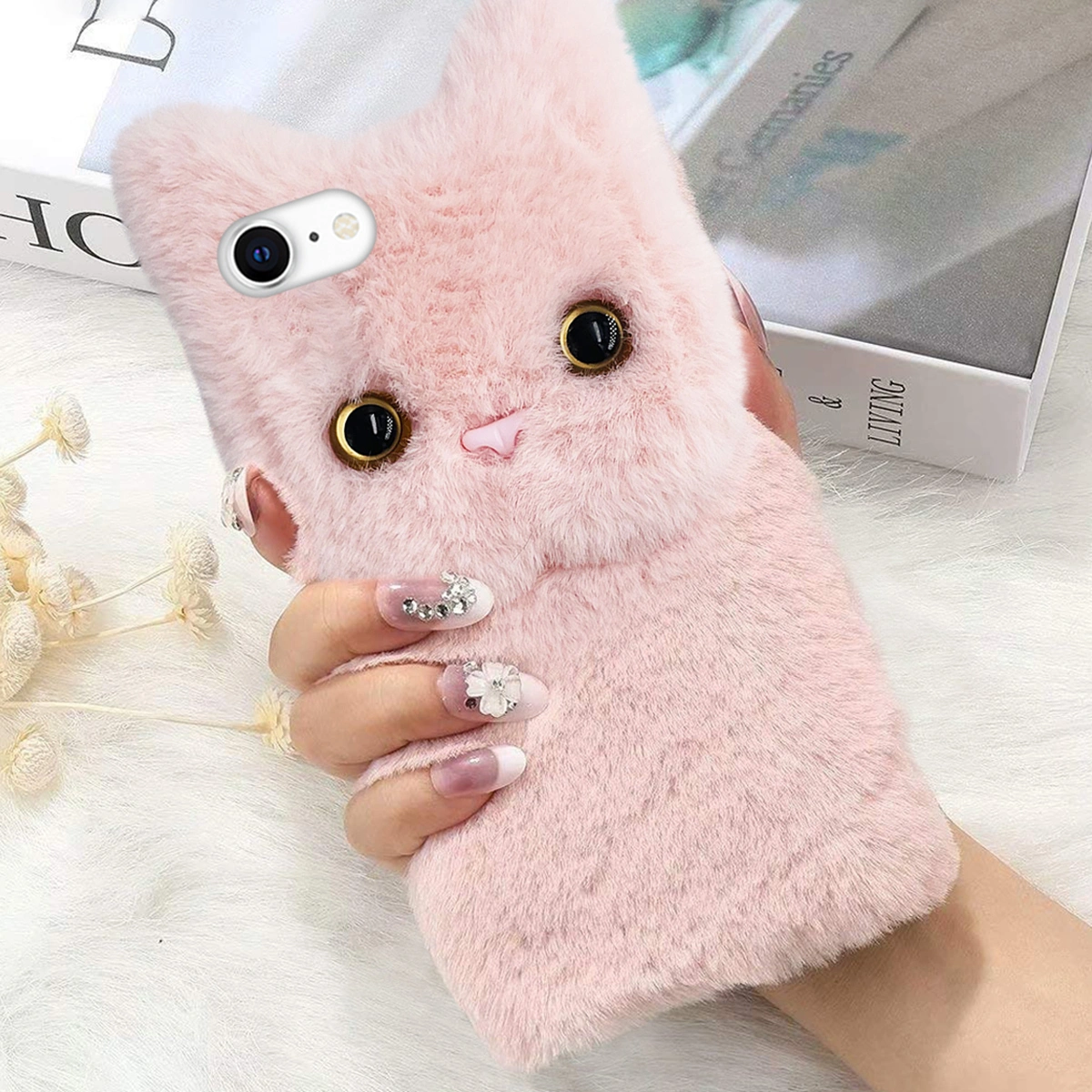 Plush Cat Phone Cover Fluffy Phone Protective Case Compatible with iPhone 7/8/SE