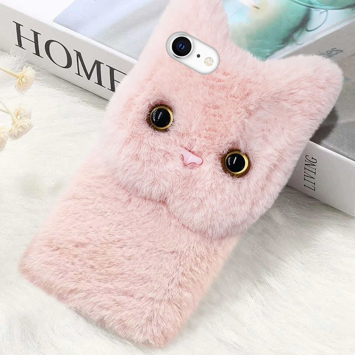 Plush Cat Phone Cover Fluffy Phone Protective Case Compatible with iPhone 7/8/SE