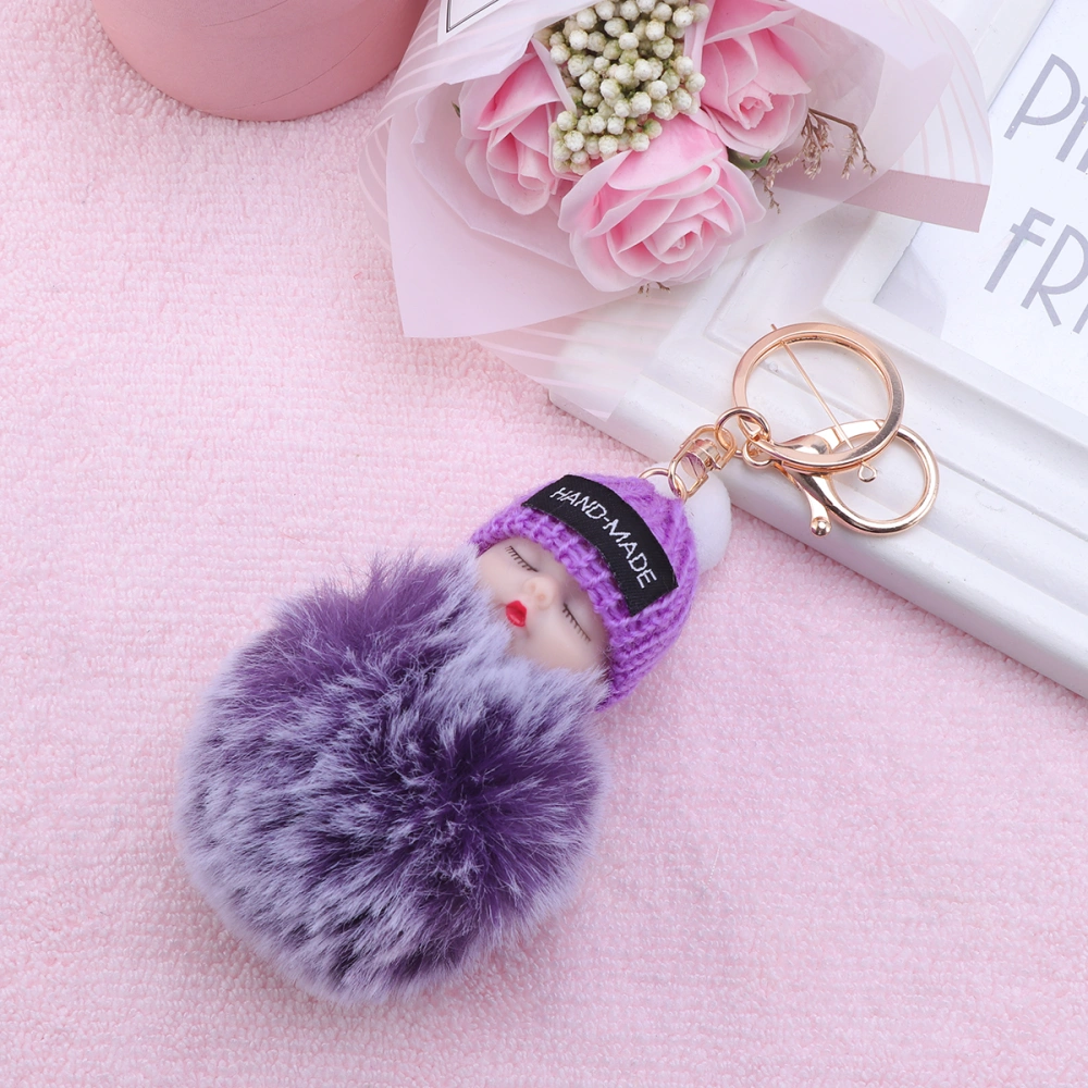 Sleeping Baby Doll Keychain Plush Fluffy Keyring Hanging Pendant Gift Hanging Ornament for Men and Women ((Two-color Plush Purple)