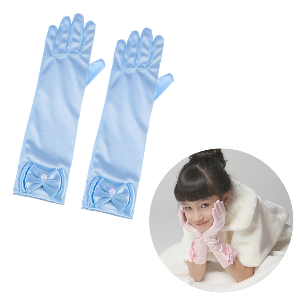 1 Pair Flower Girl Gloves Long Satin Bowknot Dress Gloves for Wedding Evening Party (Light Blue)