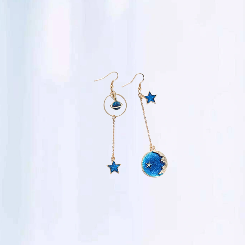 1Pair Romantic Starry Star Moon Women Earrings Small Fresh Festival Asymmetry Ear Studs and Rings Jewelry Gift(G Pattern)