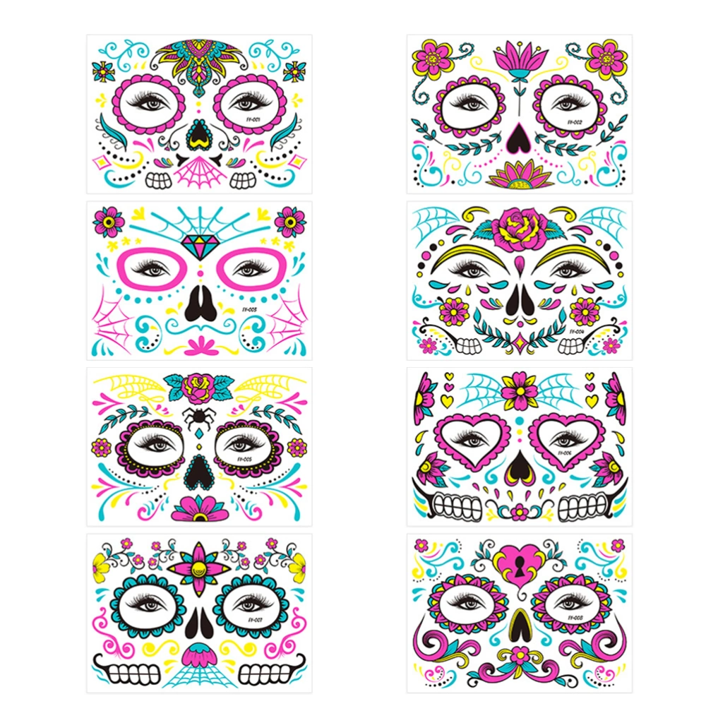 8 Sheets Glow in The Dark Tattoos Halloween Face Temporary Tattoos Stickers