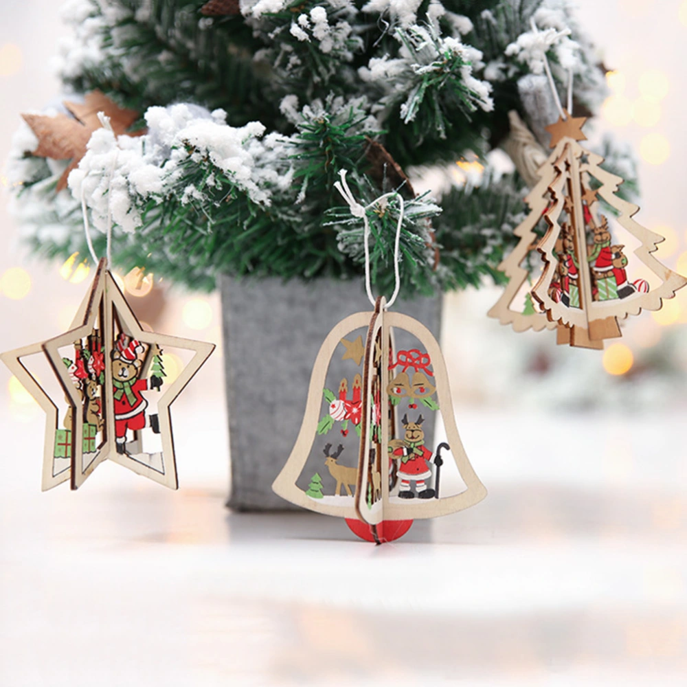 3pc Christmas Stereo Hollow Pendants Decorations Wooden Three-dimensional Star-shaped Bell and Tree Style Hanging Pendants Decor