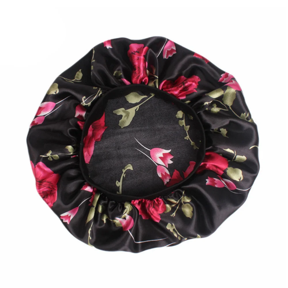 Floral Nightcap Wide Side Sleeping Hair Loss Hats for Women Girls (Black Flower)