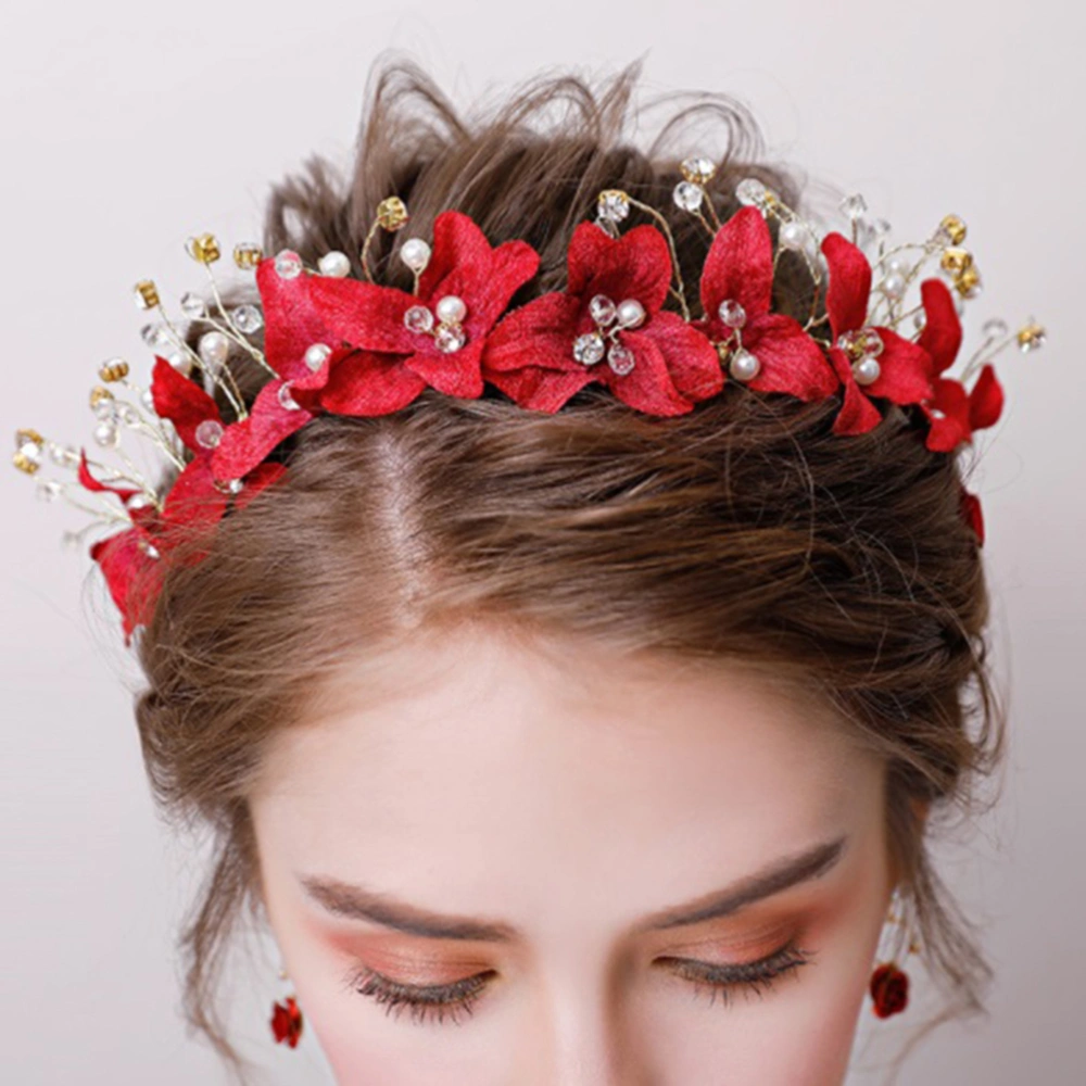 Red Bridal Hair Crystal Headwear Artificial Pearl Headdress Wedding Hair Band Floral Hair Accessories for Women Ladies Bride