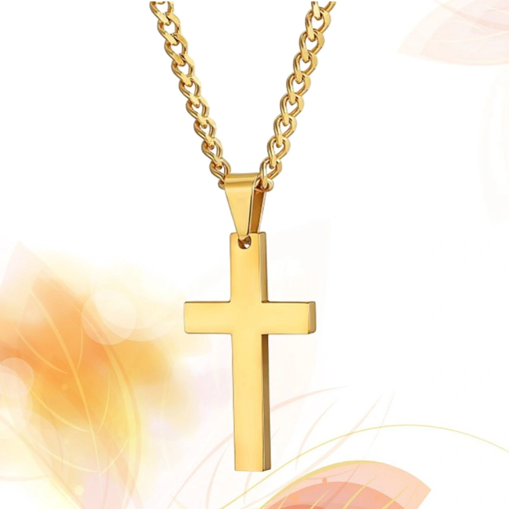 Cross Decor Necklace Simple Titanium Steel Decor Necklace Pendant Gift for Woman Man Male (Golden, With Chain)