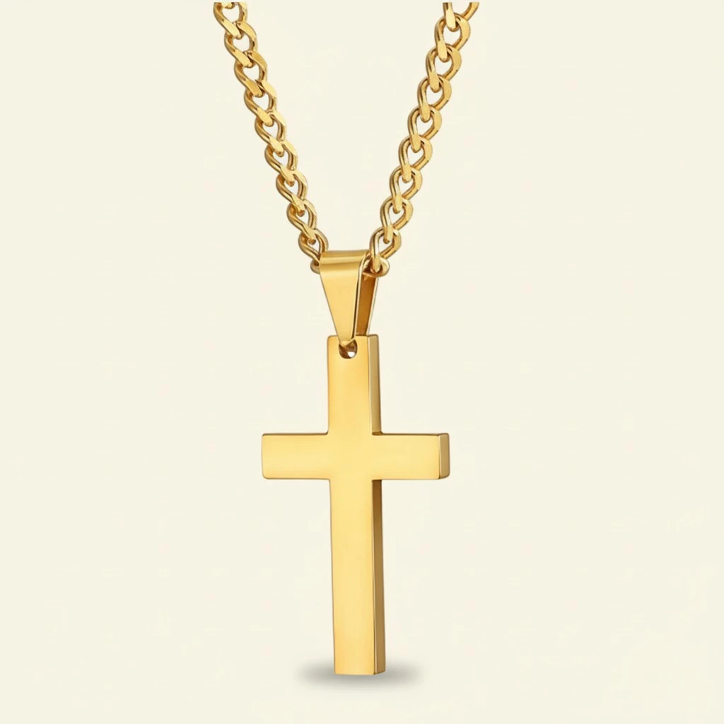 Cross Decor Necklace Simple Titanium Steel Decor Necklace Pendant Gift for Woman Man Male (Golden, With Chain)