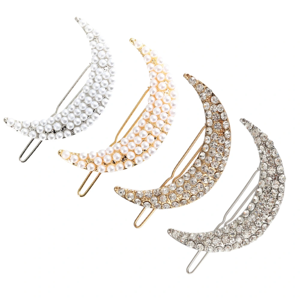 4pcs Women's Rhinestone Hair Clip Moon Shape Metal Hairpins Clamps Barrettes Bobby Pin Headwear Hair Accessories (Golden Rhinestone + Silver Rhinestone + Golden Pearl + Silver Pearl)