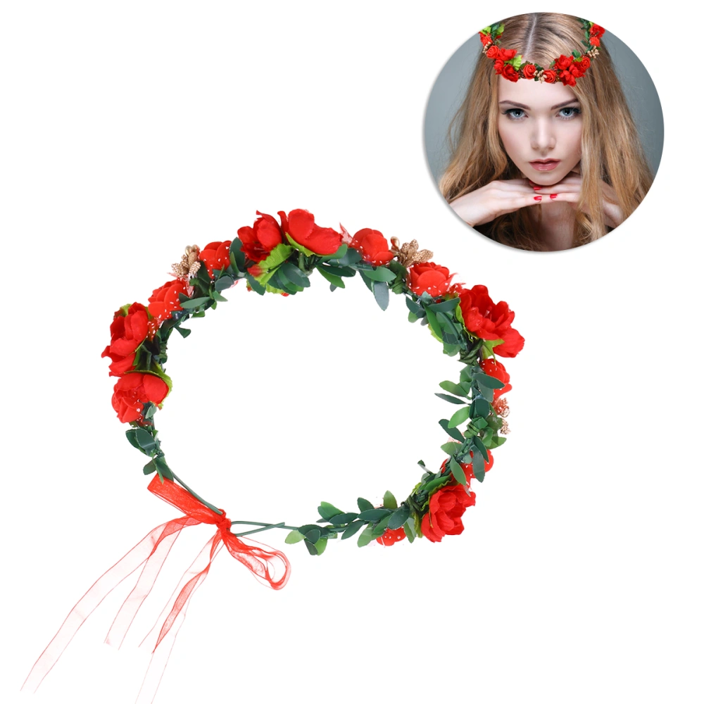 Flower Headband Wedding Floral Garland Hair Wreath for Holiady Wedding Party (Red)