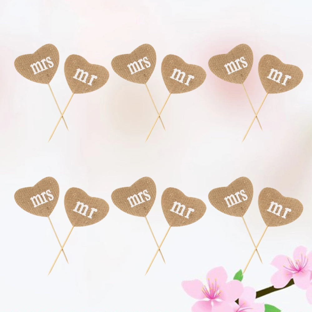 12pcs/6 Sets Rustic Linen Cake Toppers Mr Mrs Heart Shape Cake Picks Cupcake Decor Party Supplies for Wedding Engagement