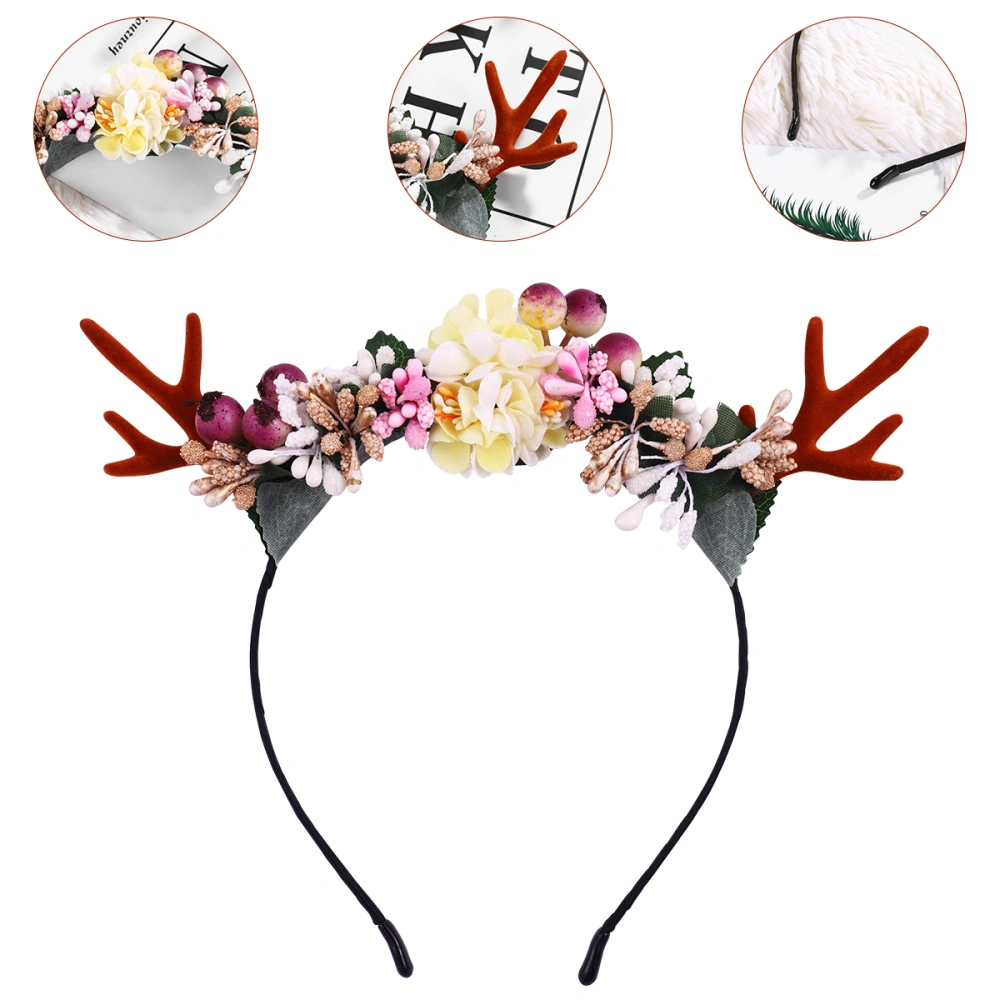 Lurrose Christmas Headband Deer Antler Hair with Flowers Headpiece Headware for Girl Women Carnival Party (Fruits)