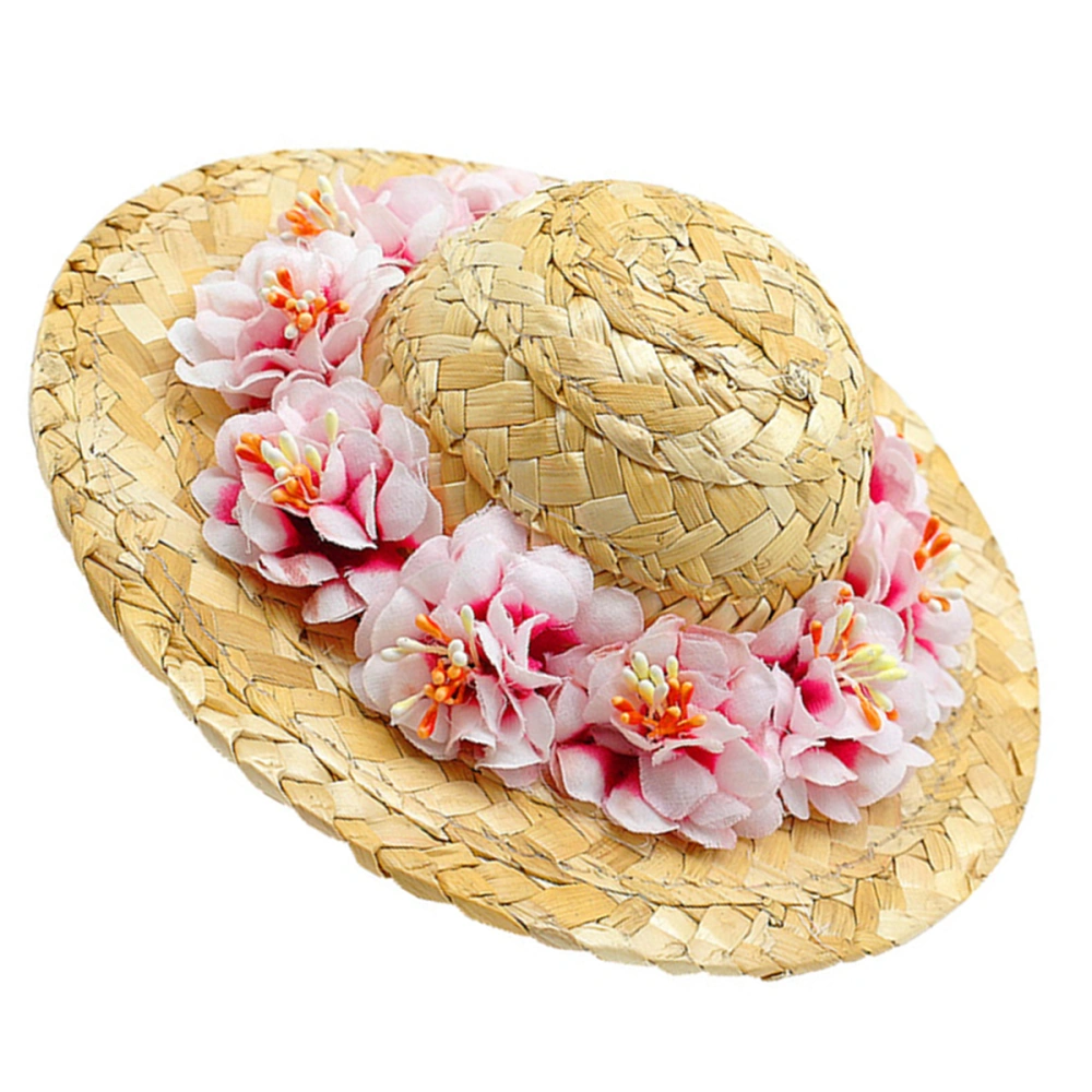 Pet Flower Straw Hat Dog Spring Summer Sunhat Woven Straw Hat Costume Accessory Size L (Pink Flower, Random Style of the Drawstring)