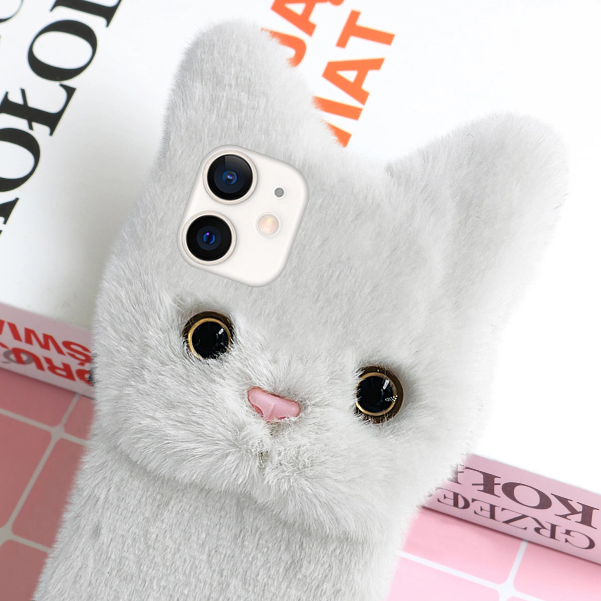 Plush Cat Phone Shell Lovely Cartoon Phone Cover Compatible for iPhone 12/12 Pro