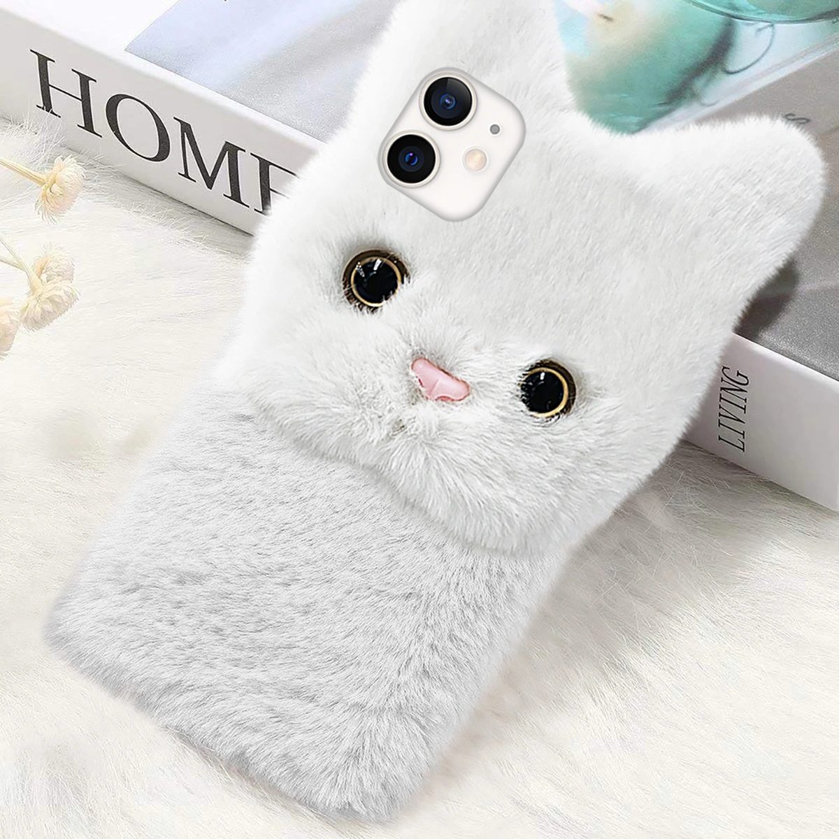 Plush Cat Phone Shell Lovely Cartoon Phone Cover Compatible for iPhone 12/12 Pro