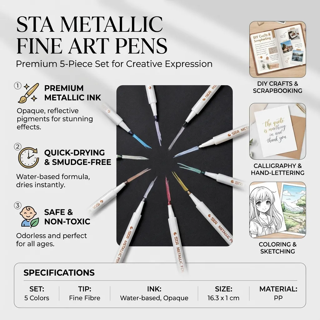 5PCS STA Metallic Pen 6551 Painting Pen Art Fine Metallic Colored Pen Supplies for Making DIY Artists Painting Marker Watercolor Sketching Coloring (Multiple Colors)