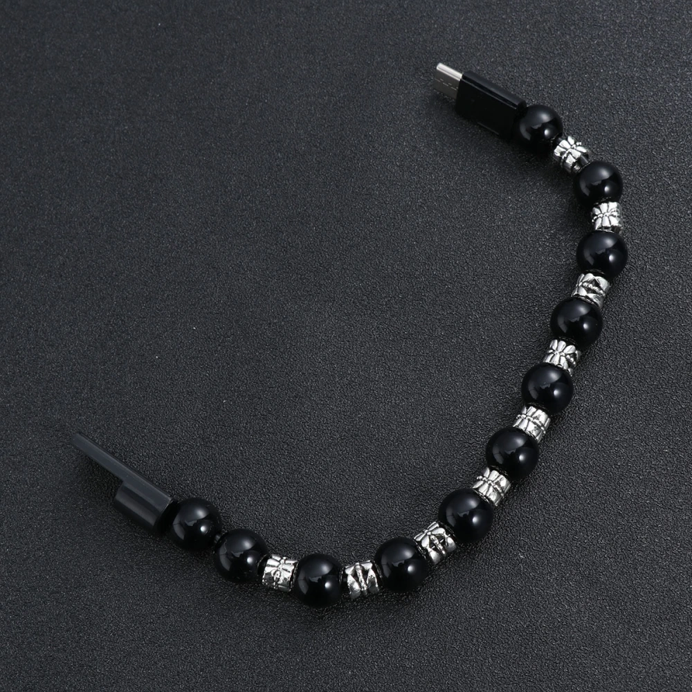 1pc Type-c USB Data Charging Cable Bead Bracelet Charger Acrylic Buddha Beads Creative for Android Mobile Phone (Black)