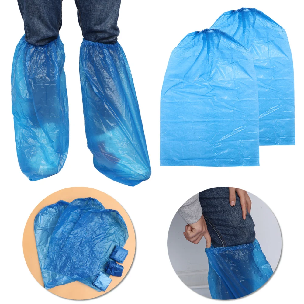 5 Pair Disposable Shoe Covers Long Rain Shoes and Boots Cover Plastic Waterproof Anti-Slip Overshoe (Blue)