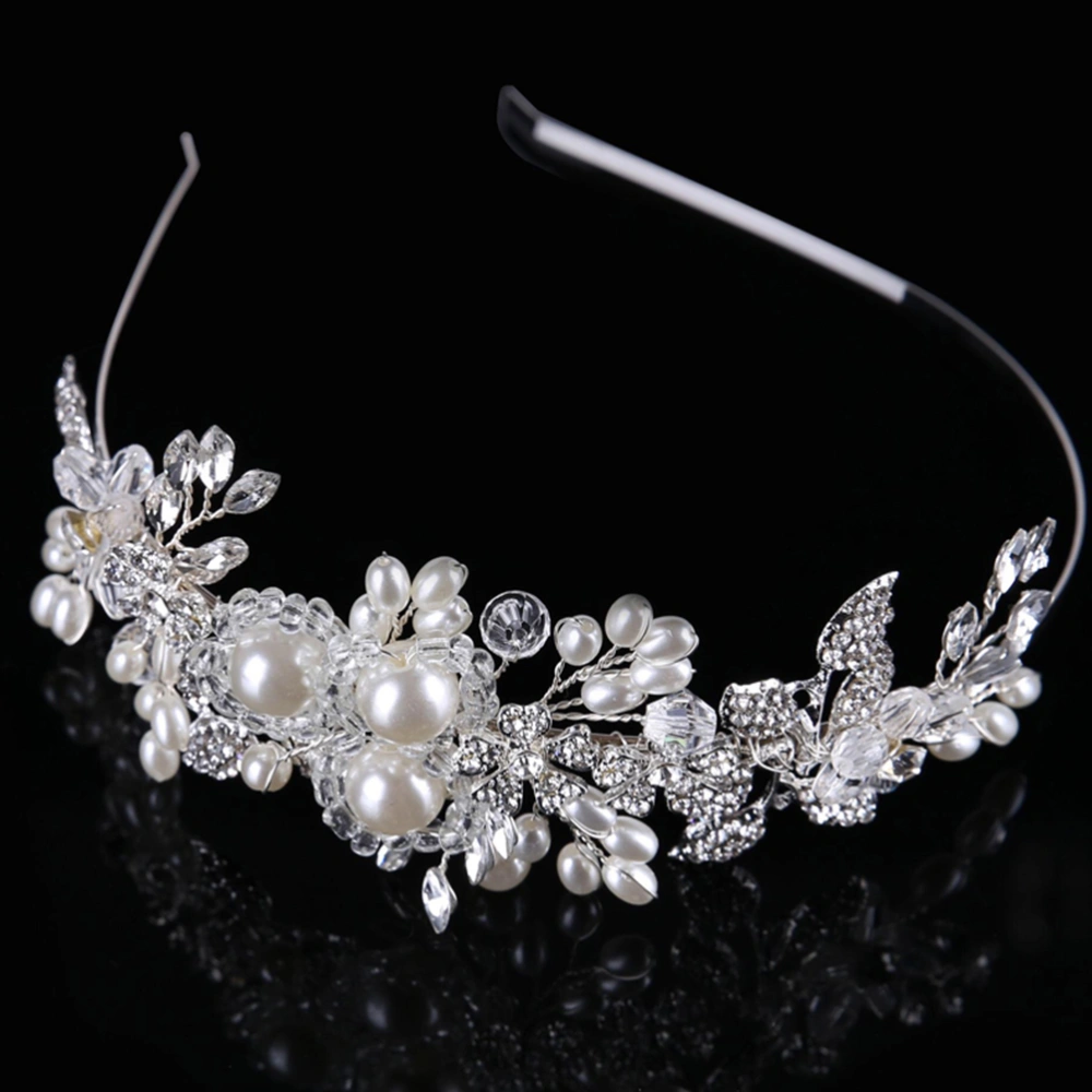 Handmade Alloy Crystal Pearl Rhinestone Wedding Headband Flower Bridal Headpieces Headwear Hair Accessory for Wedding Hair Decoration (White)