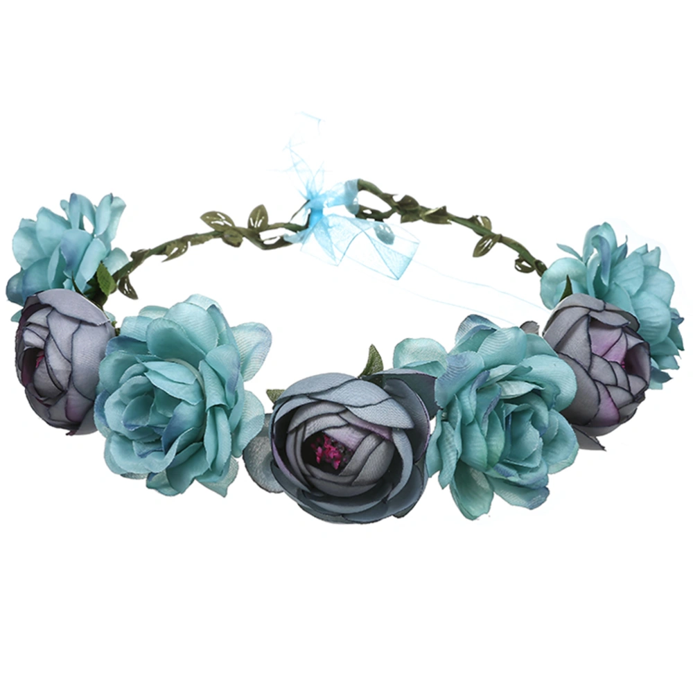 Bridal Rose Crown Handmade Floral Wreath Lifelike Simulaiton Headband for Wedding(Blue)