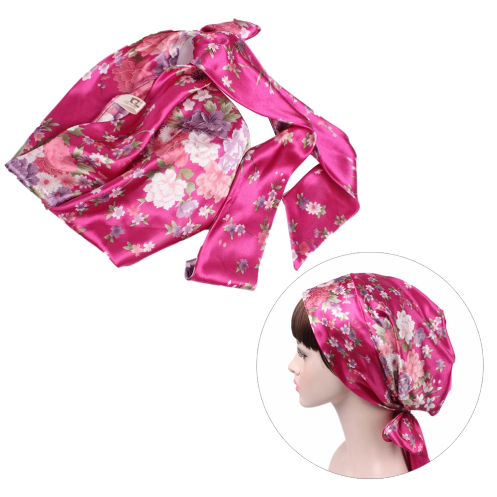 Women Satin Bowknot Nightcap Turban Ribbon Hat Sleeping Chemotherapy Headscarf Hair Loss Scarf Floral Prints Head Wrap Breathable Stretchy Turban Hat for Women (Rosy Big Flower Prints)