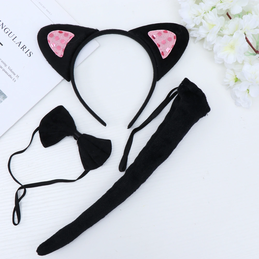 3pcs in 1 Set Black with Pink Sequin Hairwear Funny Cat Ear Costume Accessary Party Supplies Sequin Animal Headband Tail Tie Performance Masquerade Party Supplies