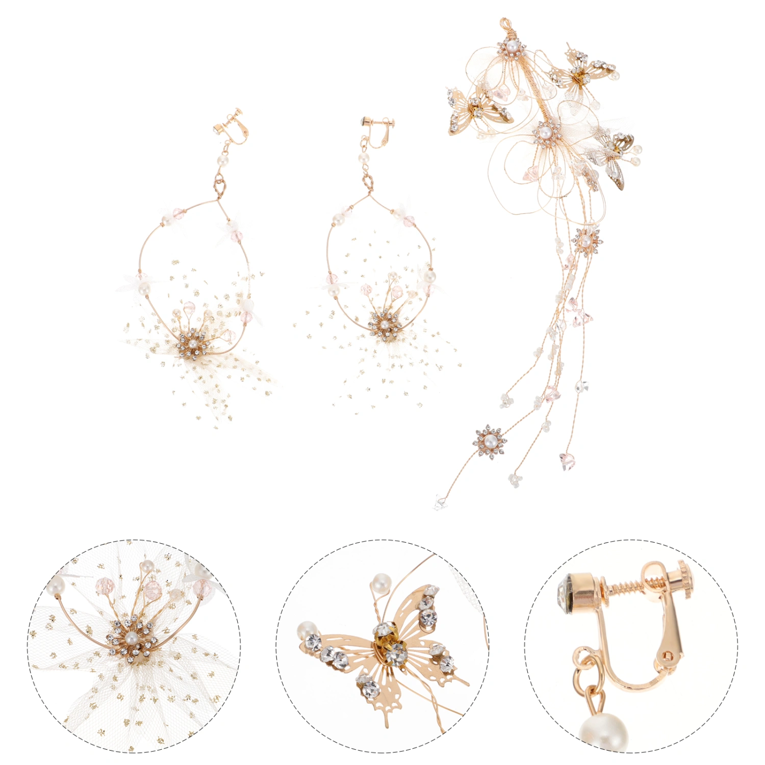 1 Set Golden Wedding Headband Earrings Bridal Jewelry Ear Pendant Headdress