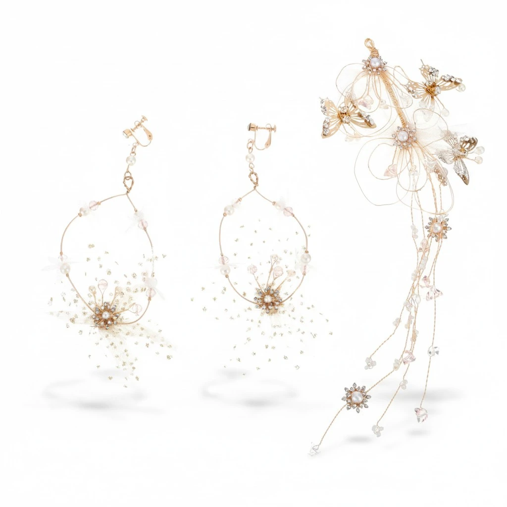 1 Set Golden Wedding Headband Earrings Bridal Jewelry Ear Pendant Headdress