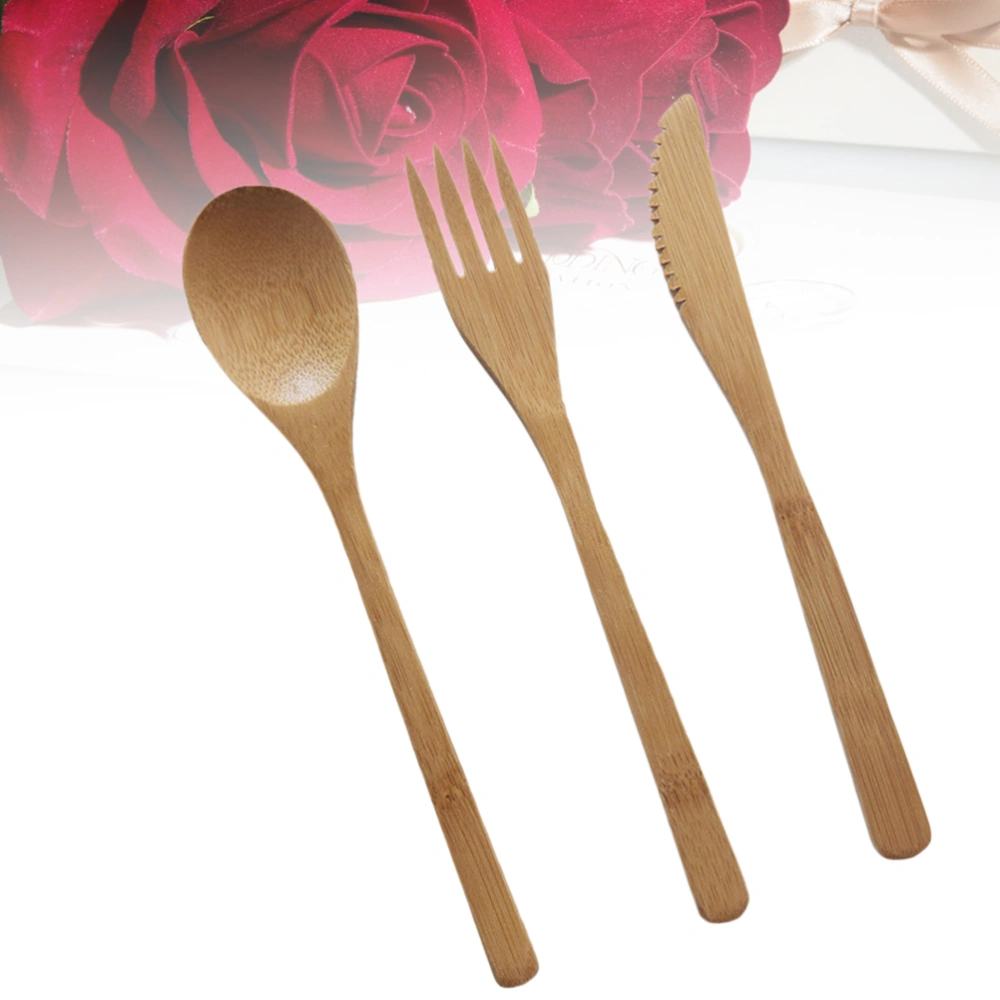 3pcs Bamboo Forks Spoons Cutters Set Japanese Style Wood Cutlery Utensils Tableware for Dinner Barbecue (Spoon Fork and Cutter)