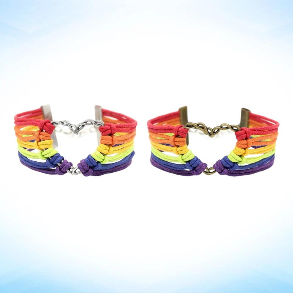 2pcs Handmade Retro Wrist Chain Metal Heart Rainbow Woven Bracelet for LGBT Gay Lesbian Homosexual (Bronze and Silver)