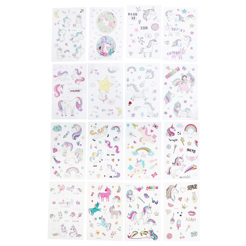 16pcs Environmental Children Cartoon Unicorn Temporary Stickers Party Supplies for Kids