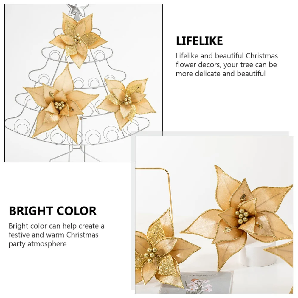 2pcs Christmas Flowers Cloth Flowers DIY Xmas Decorative Flowers (Golden)