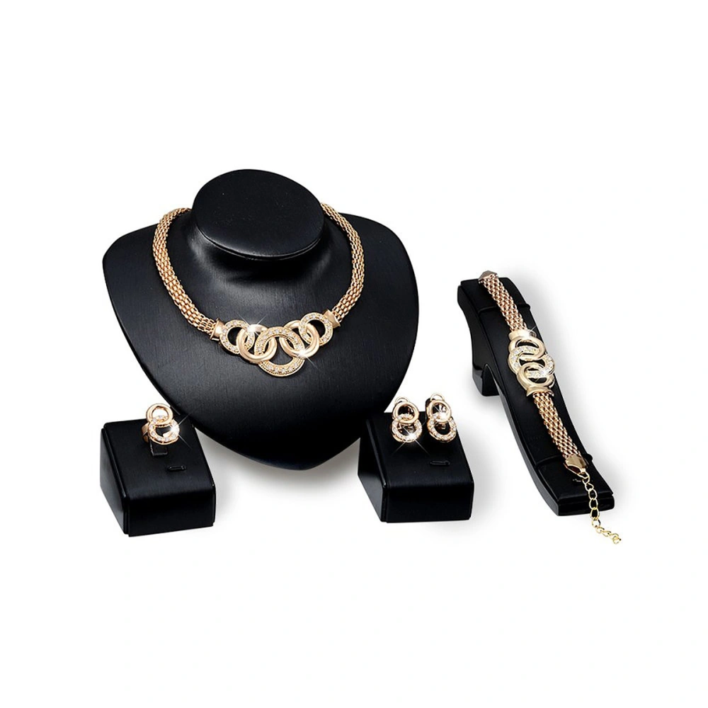 Wedding Bridal Gold Plated Necklace Earring Bracelet Ring Jewelry Set (Golden)