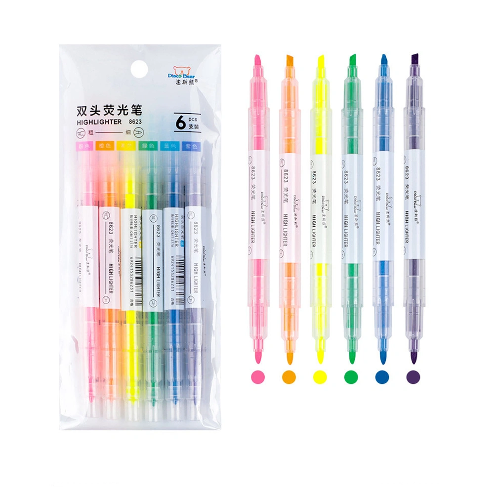6pcs Double-end Highlighter Fluorescent Candy Colors Highlighters Marker Pen Office Stationery School Supplies Kids Gift (6 Pieces Six Colors)
