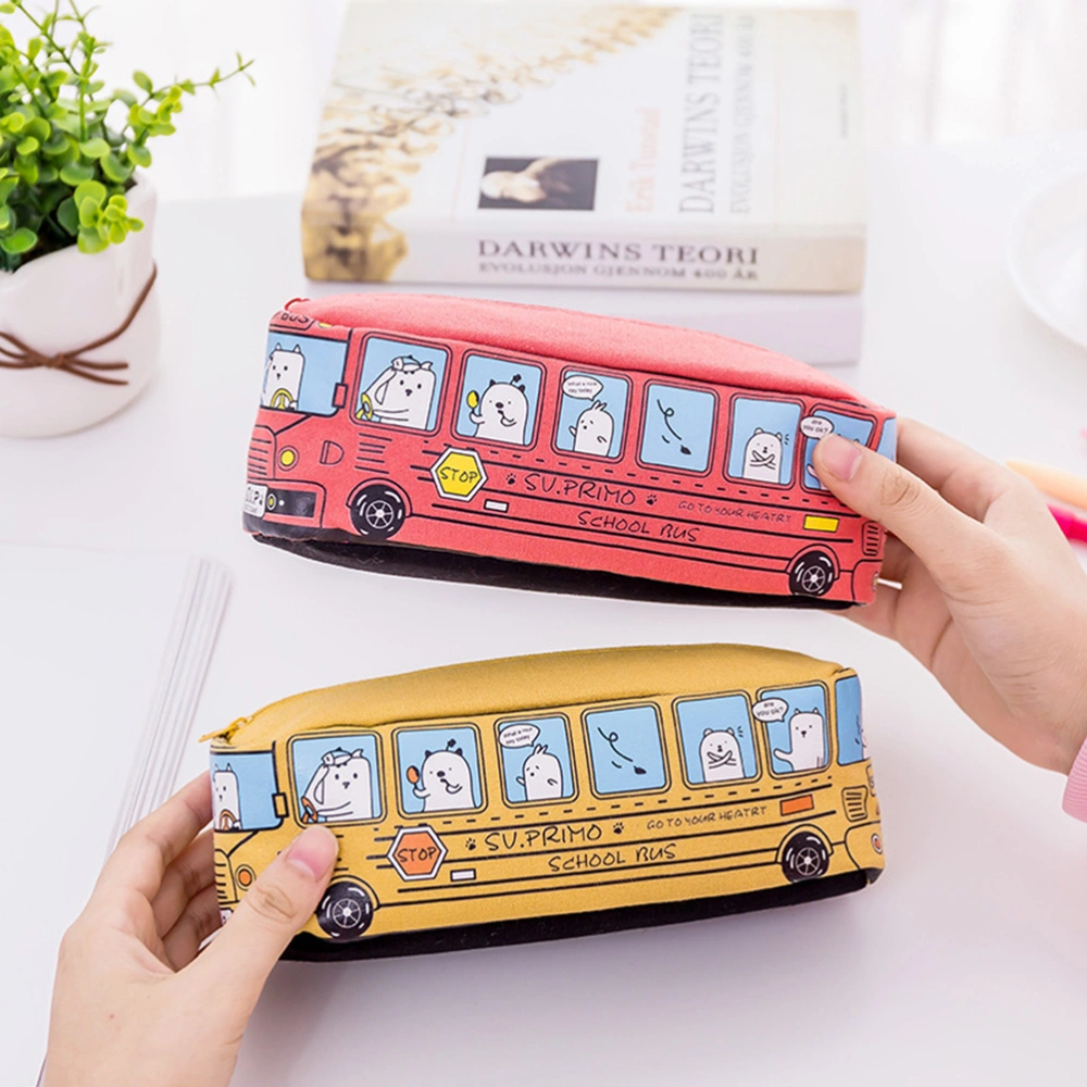 Creative School Bus Shaped High Capacity Printing Pencil Box Zipper Pen Bags Pencil Case School Office Supplies (Red)