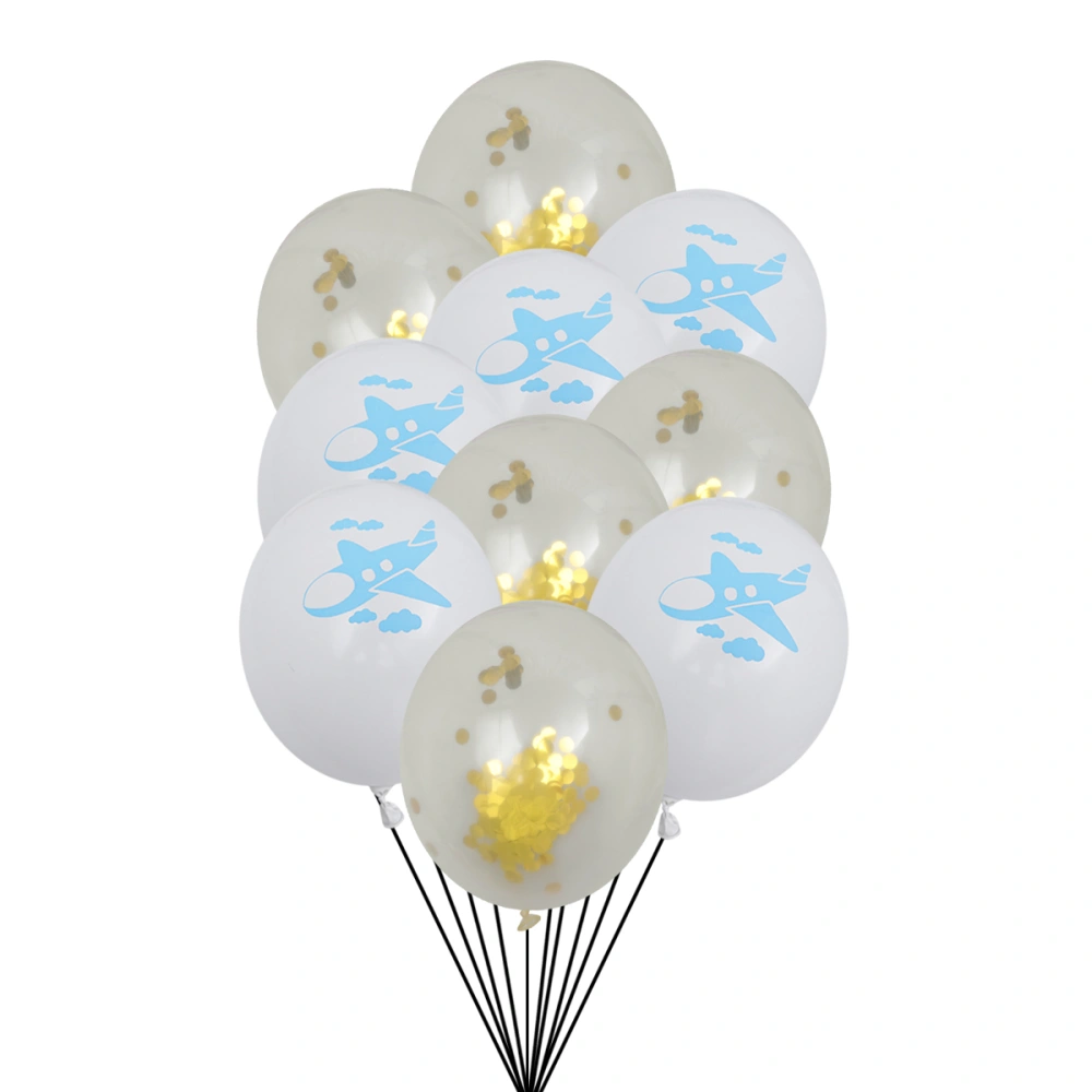 10PCS 12 Inches Cartoon Airplane Cloud Latex Balloons Confetti Balloons Set Party Decoration Party Supplies (White and Golden Sequins)